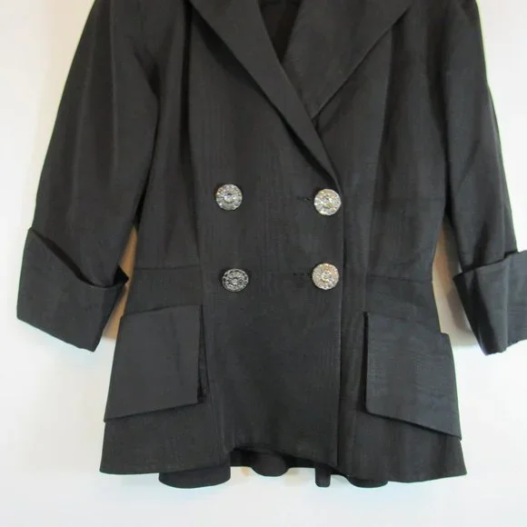 Black Double Breasted Blazer Coat Jacket 3/4 Sleeve Unique - Picture 3 of 7